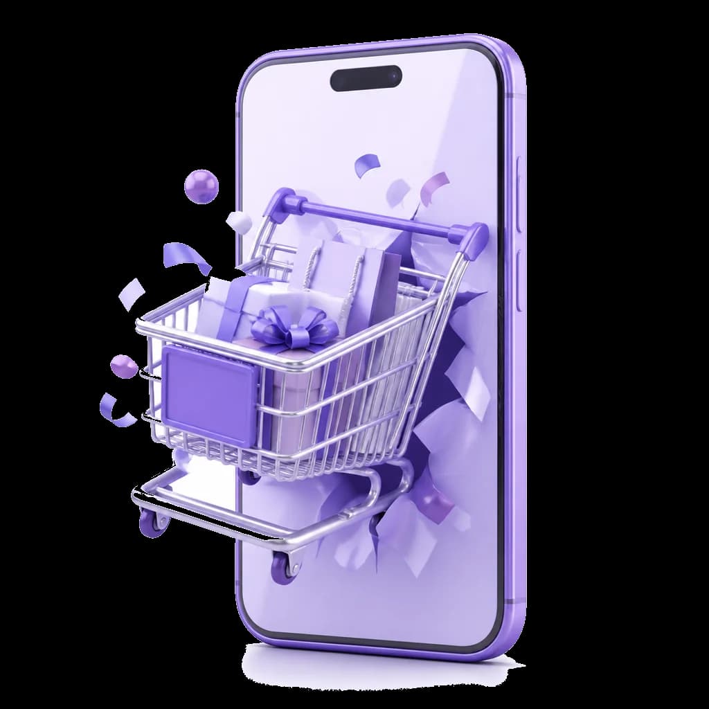3D shopping cart emerging from a smartphone