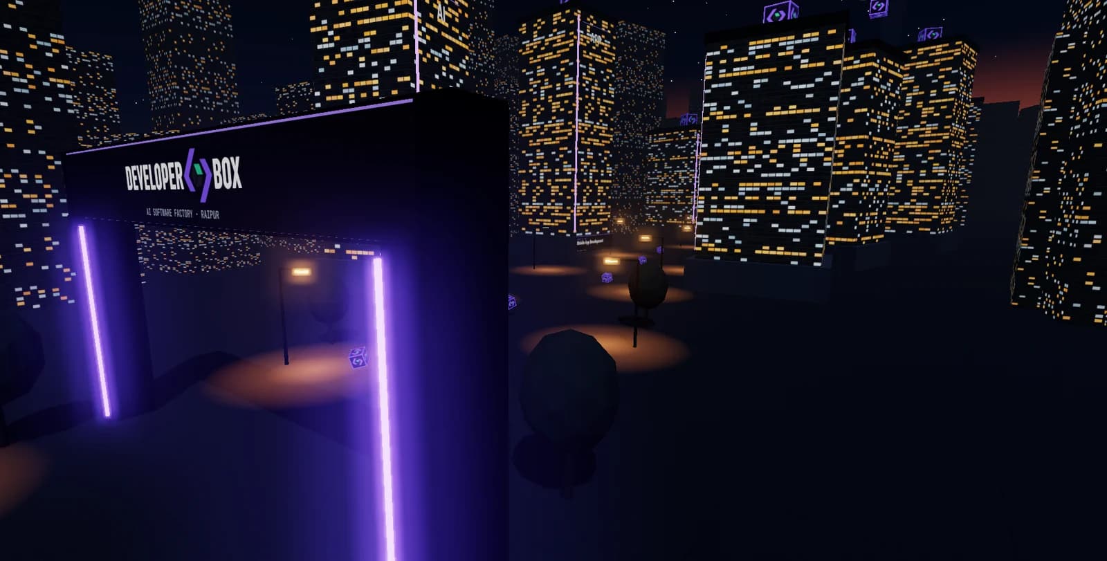 DeveloperBox Factory Drive: a neon DeveloperBox gate in a night city of lit office blocks