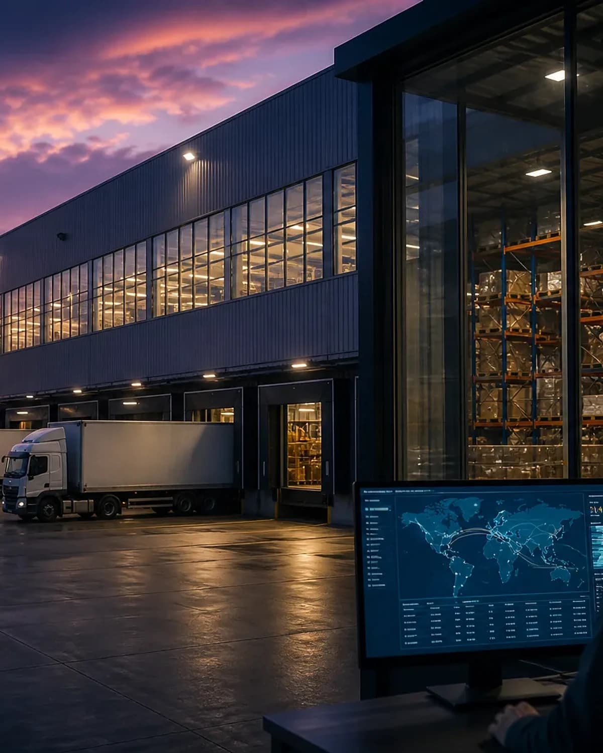 Fleet trucks at a warehouse dock with a live fleet-tracking dashboard