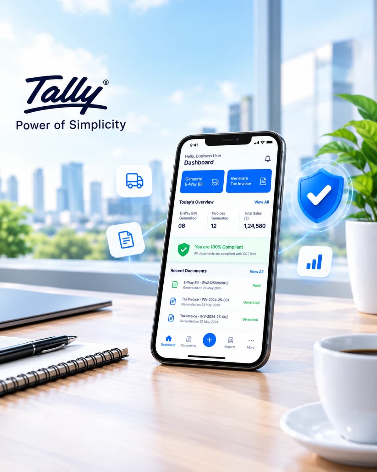 Tally on Mobile app dashboard with E-Way Bill and GST invoice tools