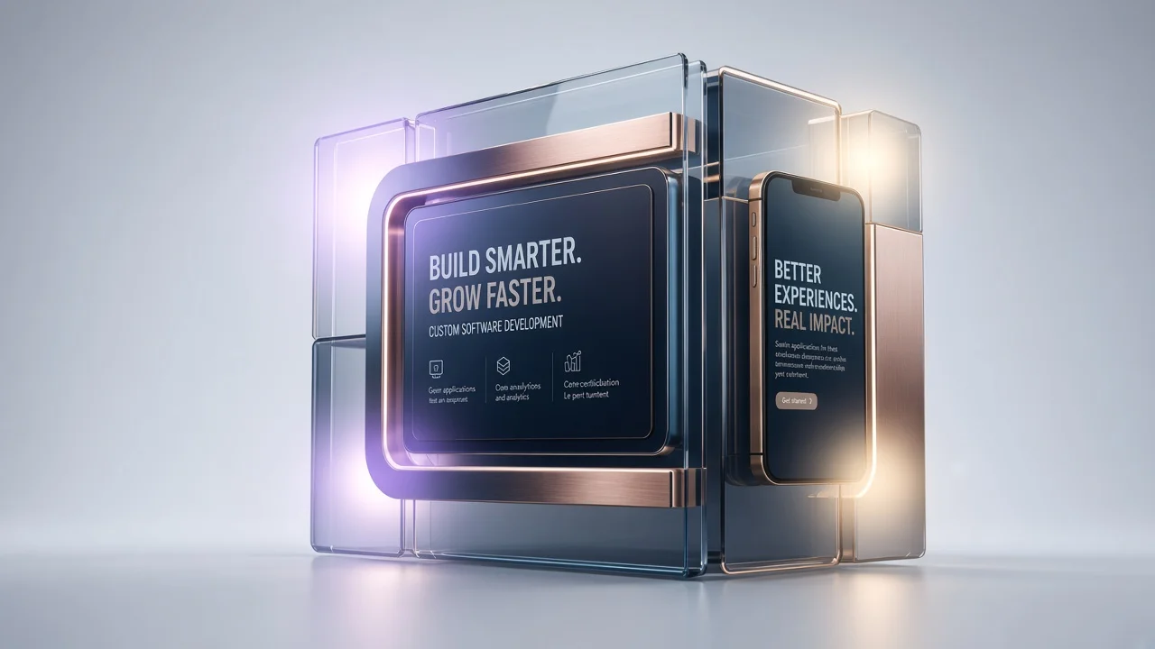Glass and copper 3D product sculpture with tablet and phone screens