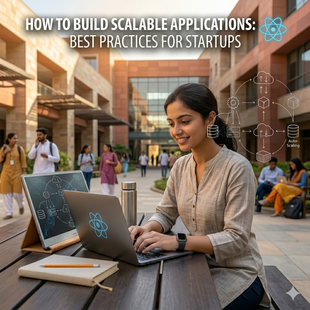 An Indian developer working on a laptop with React and cloud scaling diagrams in an outdoor campus setting."